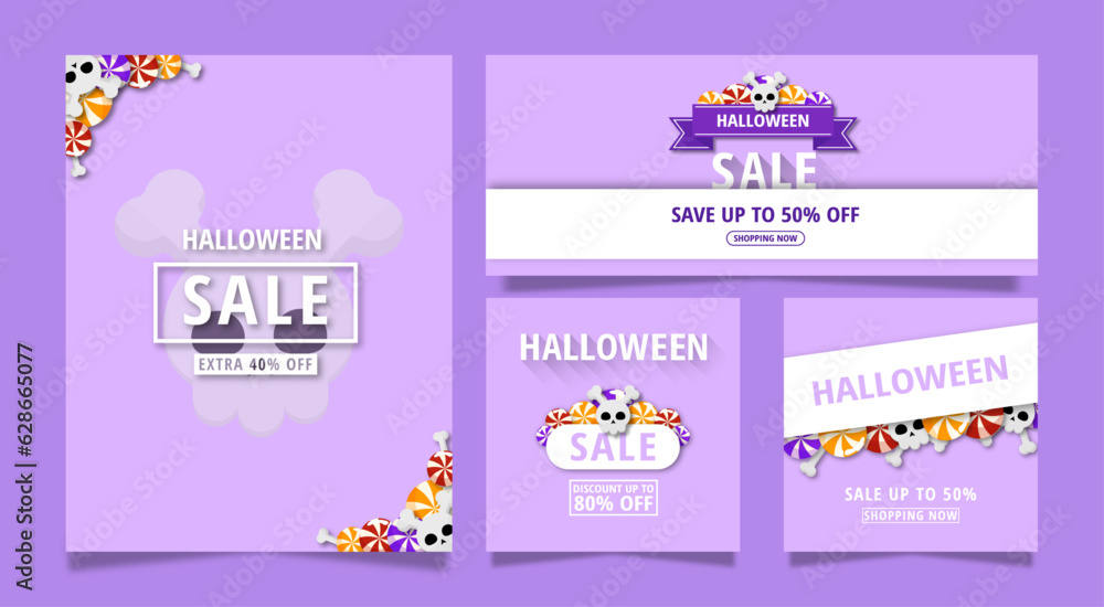 Halloween sale cards, banner, flyer, background. Colorful poster with candies, bones, skull. Template for congratulations. Vector illustration in a paper cut style. 