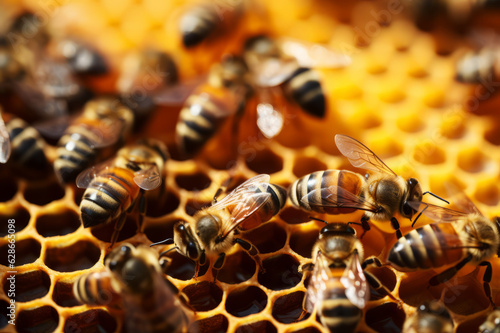 closeup of bees on honeycomb in apiary - selective focus, generated ai.