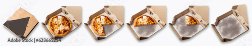 Фотография Top view of a pizza in a cardboard box on a white background