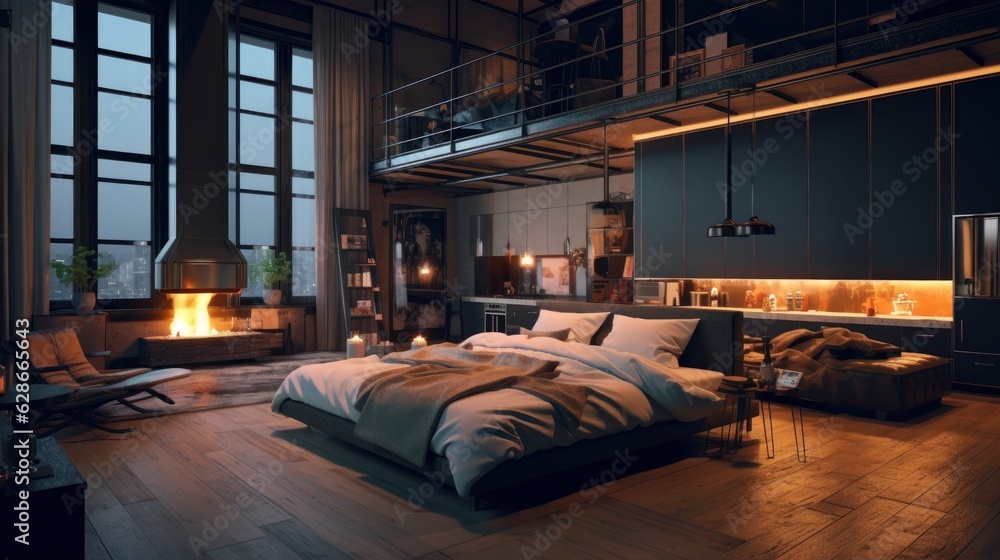 Luxury loft style studio apartment with a free layout in dark colors. Stylish modern kitchen, cozy bedroom area, living area with fireplace, floor-to-ceiling window with city view. 3D rendering.