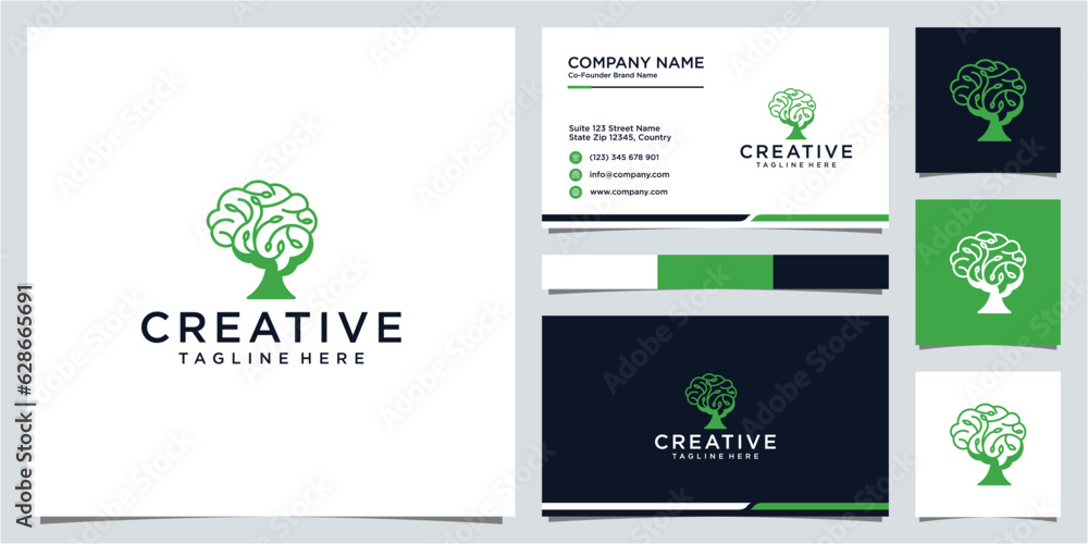 Creative brain and tree combination logo design and business card template