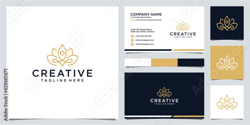 Yoga meditation with abstract lotus flower logo design and business card template