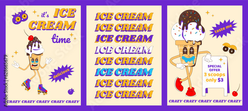 Set of posters with ice cream character. Funny ice cream mascot for cafe, restaurant. Vector illustration in psychedelic retro style.
