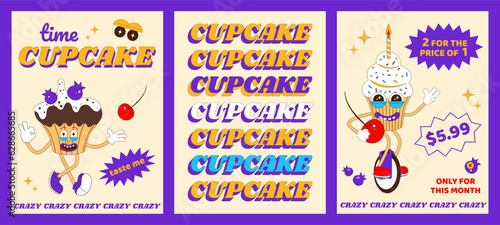 Cupcake character poster set. Funny cupcake mascot for bakery, cafe, restaurant. Vector illustration in psychedelic retro style.