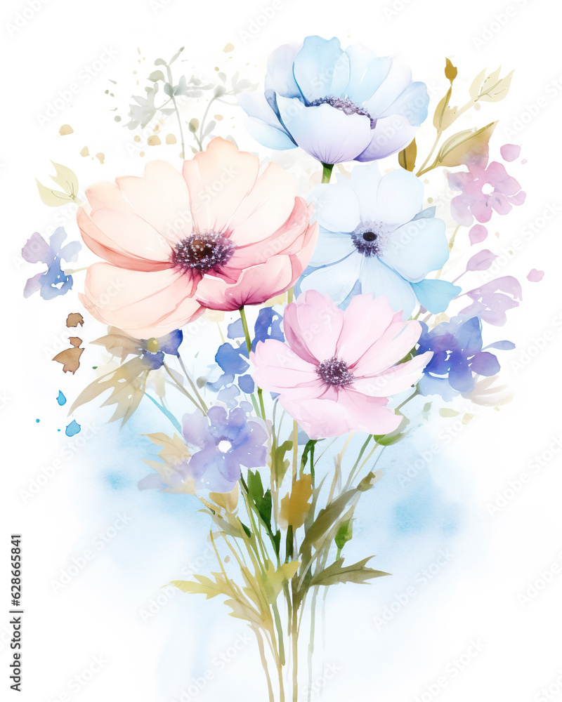 wild flowers watercolor bouquet, botanical illustration isolated on white background