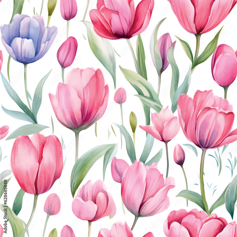 seamless pattern with pink tulips.Pattern with tulip flowers watercolor on white background. beautiful floral pattern with watercolor flowers. watercolor flowers. seamless pattern. watercolor tulips.