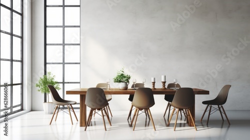 Minimalist composition of loft style dining room interior. Gray concrete walls and floor  wooden table  design chairs  pendant lamps  green plants and dried flowers. Mockup  3D rendering.