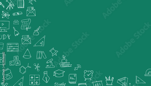 school. postcard. school blackboard. doodle. icons. back to school. september. 1st grade. schoolgirl. children. to study. teacher. postcard. banner. vector illustration. color background. flat style.