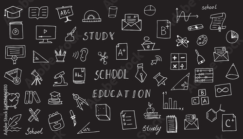 school. postcard. school blackboard. doodle. icons. back to school. september. 1st grade. schoolgirl. children. to study. teacher. postcard. banner. vector illustration. color background. flat style.