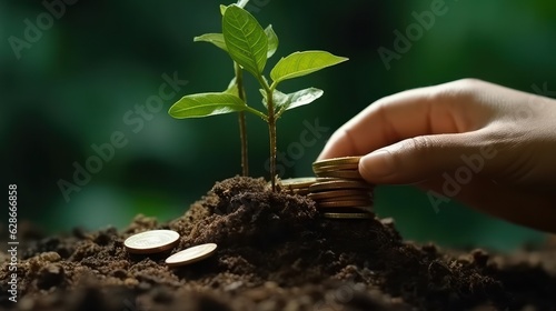 Hand putting coins with plant growing on coin stack over green blurred background. Business finance strategy, money earning and saving ideas, future investment concept. 3D rendering.
