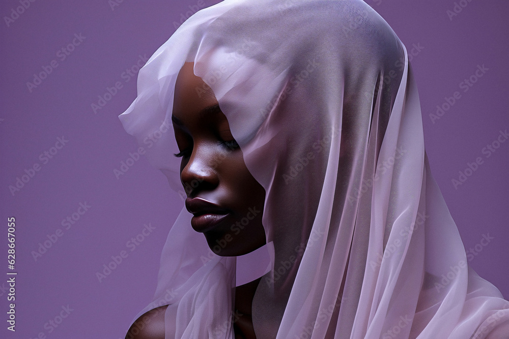 portrait of a dark-skinned woman with a light purple veil in the style of deconstructivism, a very tender and sensual photograph. Fashion photo. portrait of a dark-skinned woman with a light purple veil in the style of deconstructivism, a very tender and sensual photograph. Fashion photo.