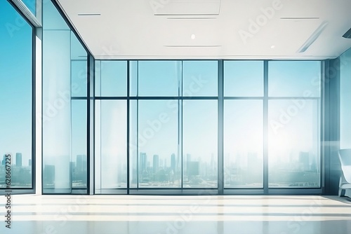 Beautiful Blurred Background of a Light Modern Office Interior with Panoramic Windows and Stunning Lighting
