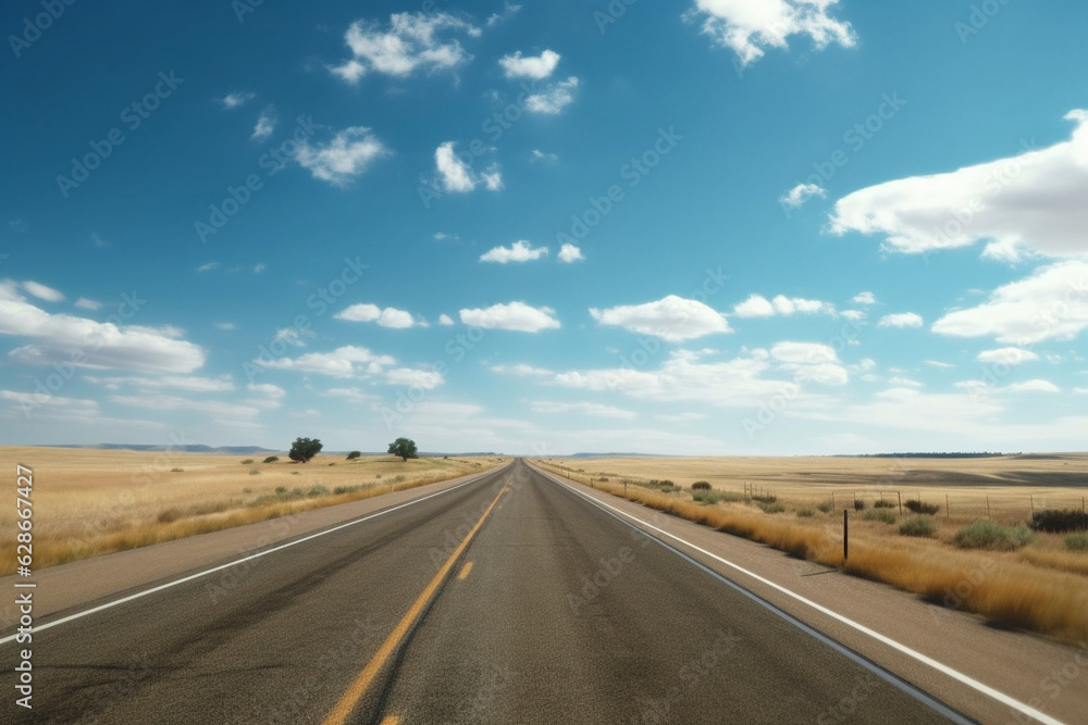A deserted highway stretching into the distance, surrounded by vast open fields and a clear blue sky Generative AI