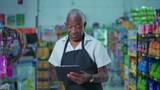 One Black Senior Supermarket Employee Using Tablet for Inventory Check, Modern Technology in Retail Job