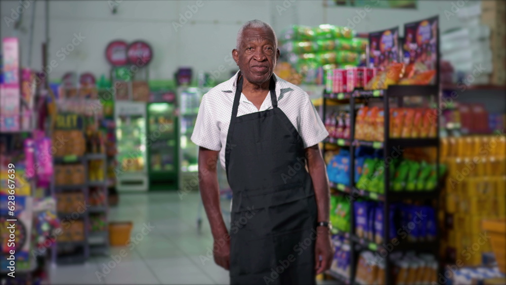 Senior Black Male Employee of Grocery Store Standing in Apron, Neutral Portrait of Supermarket Staff