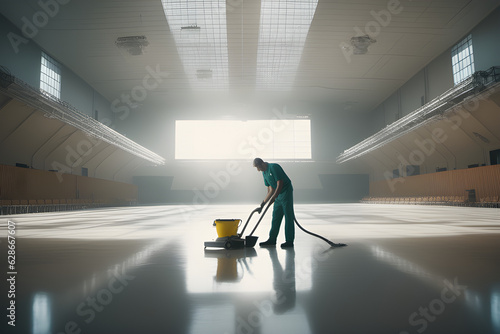 janitor scrubbing floor of a big hall, genrative ai