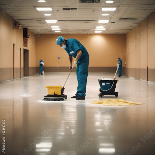 janitor scrubbing floor of a big hall, genrative ai
