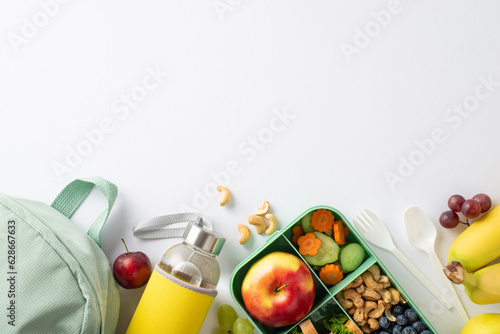 A nourishing school break captured from above, featuring a lunchbox filled with sandwiches accompanied by bottle, nuts, berries and rucksack on a white isolated backdrop, ready for text or advertising photo