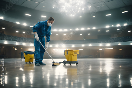 janitor scrubbing floor of a big hall, genrative ai