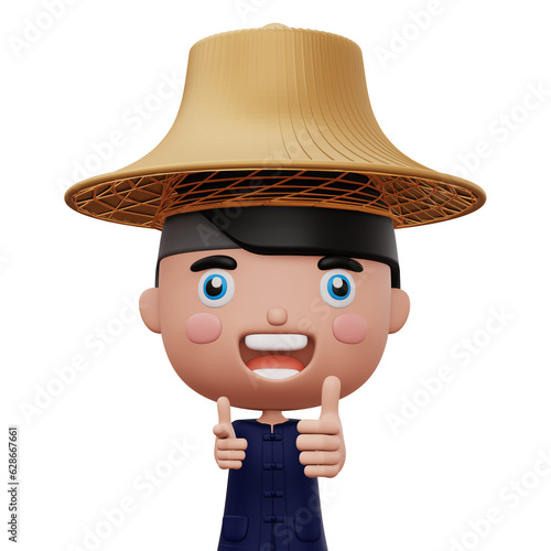 Happy asian farmer wearing mauhom shirt and bamboo hat thumbs up, 3d rendering photo