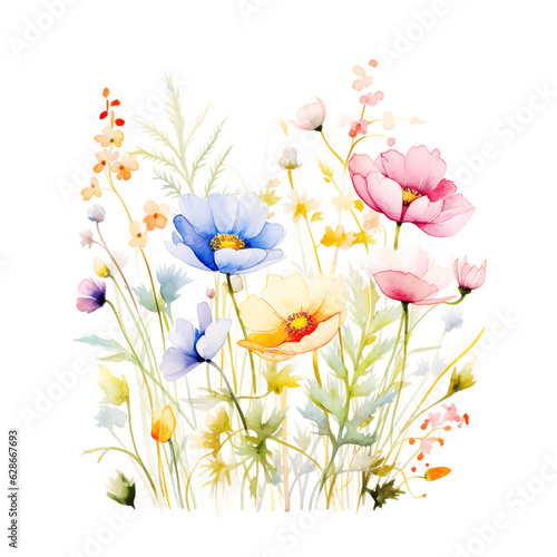 wild flowers watercolor  botanical illustration isolated on white background