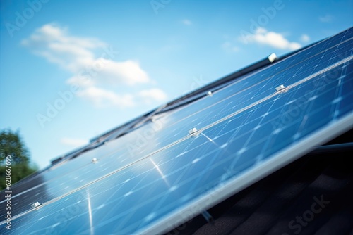 There is a clear sky and the sun is shining, showing a side view of a large solar panel installed on a roof.