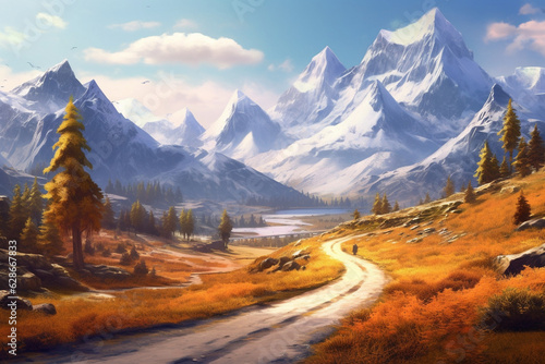 A mountain road with sharp turns and breathtaking views of snow-capped peaks Generative AI