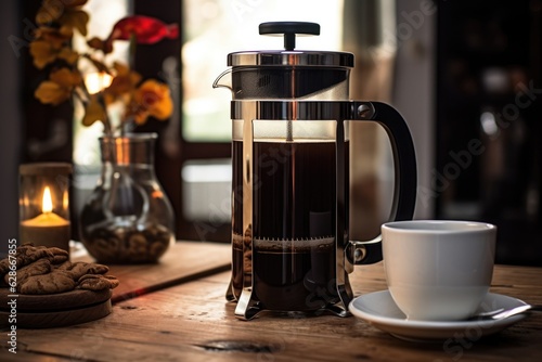 french press filled with freshly brewed coffee photo