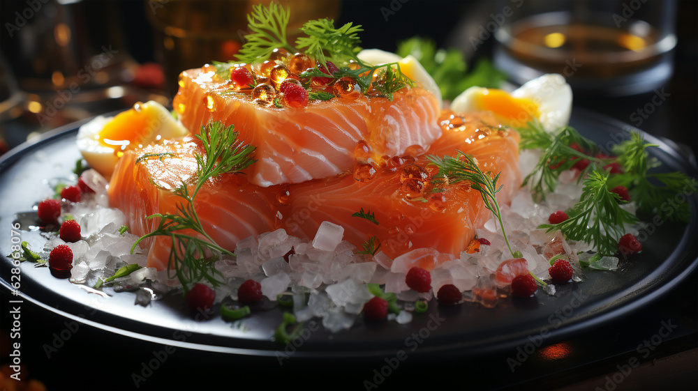 Delicious salmon with garnish at deluxe restaurant, keto diet, healthy food, menu and flyer Delicious salmon with garnish at deluxe restaurant, keto diet, healthy food, menu and flyer