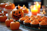 There are pumpkins adorned with cupcakes and Halloween decor arranged on a table in someones house.