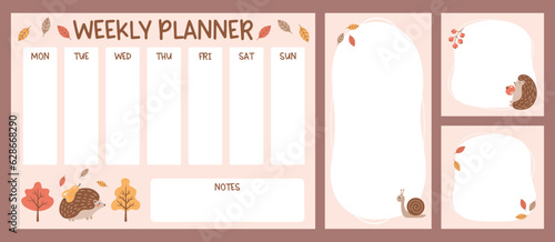 Weekly planner and note sheets for kids with cute hedgehog and snail. Autumn theme school timetable. Class schedule for elementary school students. Fall theme pages. Vector hand drawn illustration.