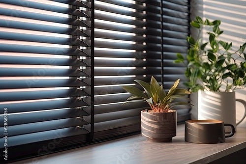 There is a close up of black wooden blinds on the window, with bamboo slats that are 50mm wide. In the kitchen, there are Venetian wood blinds with black tapes. Near the window, there is a sink with a