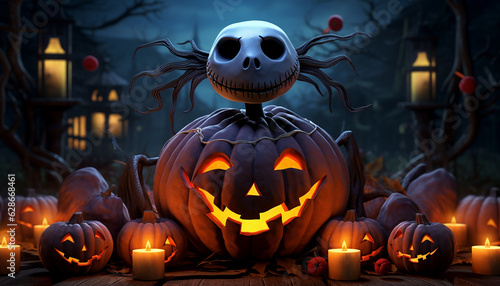 Halloween spooky skeleton in jacket and pumpkins cartoon style, made with Generative AI