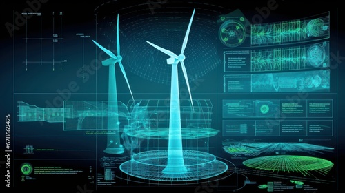 Graphic image of windmills against the background of a diagram of energy production and use. Sustainable wind energy process. Virtual data technology. Green energy production. Mockup, illustration.