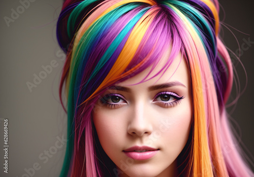Fashion portrait of a beautiful woman with multicolored hair. Generative AI