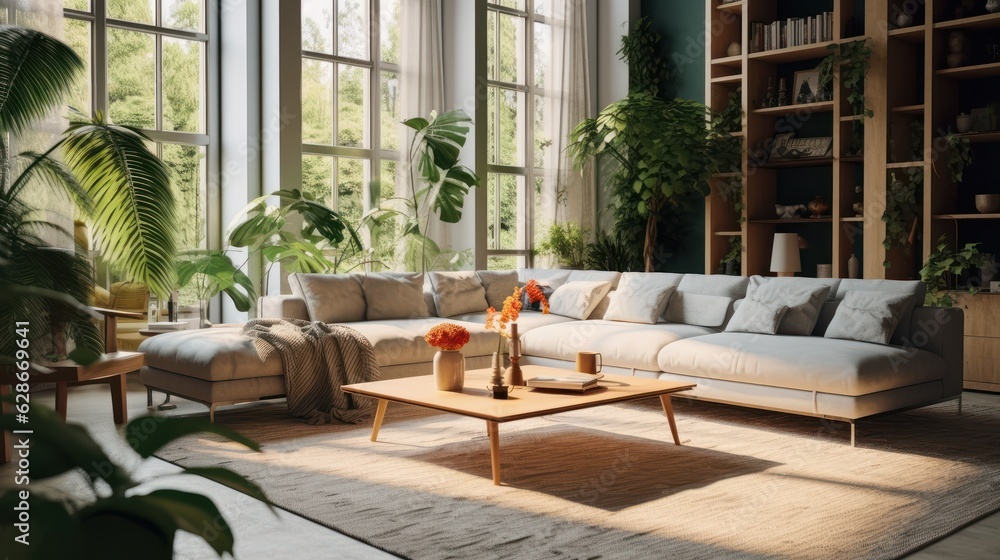 Cozy elegant boho style living room interior in natural colors. Comfortable couch with cushions and plaid, many houseplants, wooden coffee table, bookcase, soft carpet, home decor. 3D rendering. Cozy elegant boho style living room interior in natural colors. Comfortable couch with cushions and plaid, many houseplants, wooden coffee table, bookcase, soft carpet, home decor. 3D rendering.