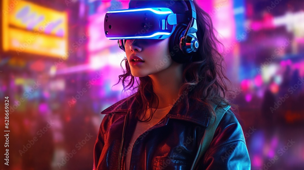 Generative AI, beautiful woman in VR glasses in neon space street, virtual reality headset in cyberspace Generative AI, beautiful woman in VR glasses in neon space street, virtual reality headset in cyberspace