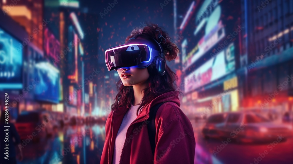 Generative AI, beautiful woman in VR glasses in neon space street, virtual reality headset in cyberspace Generative AI, beautiful woman in VR glasses in neon space street, virtual reality headset in cyberspace