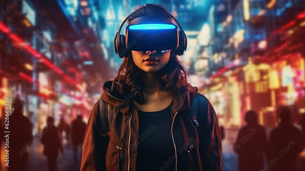 Generative AI, beautiful woman in VR glasses in neon space street, virtual reality headset in cyberspace Generative AI, beautiful woman in VR glasses in neon space street, virtual reality headset in cyberspace