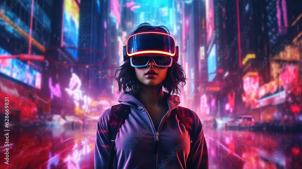Generative AI, beautiful woman in VR glasses in neon space street, virtual reality headset in cyberspace Generative AI, beautiful woman in VR glasses in neon space street, virtual reality headset in cyberspace