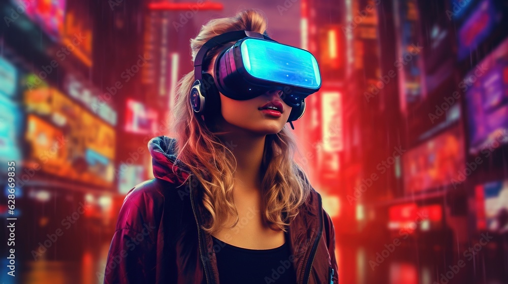 Generative AI, beautiful woman in VR glasses in neon space street, virtual reality headset in cyberspace Generative AI, beautiful woman in VR glasses in neon space street, virtual reality headset in cyberspace