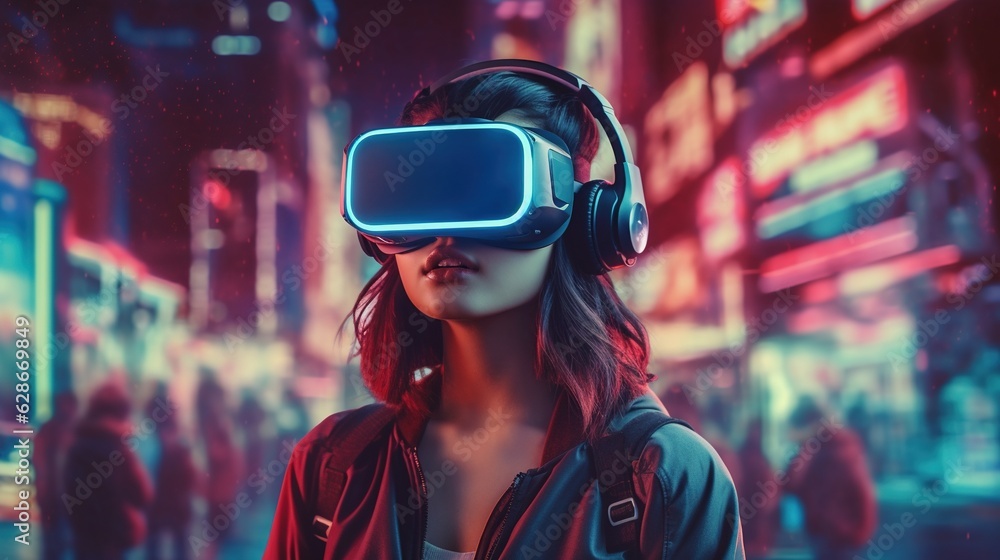 Generative AI, beautiful woman in VR glasses in neon space street, virtual reality headset in cyberspace Generative AI, beautiful woman in VR glasses in neon space street, virtual reality headset in cyberspace