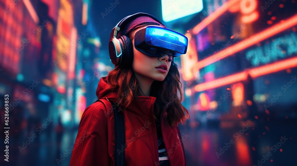 Generative AI, beautiful woman in VR glasses in neon space street, virtual reality headset in cyberspace Generative AI, beautiful woman in VR glasses in neon space street, virtual reality headset in cyberspace
