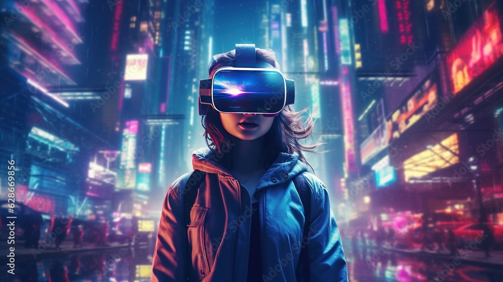 Generative AI, beautiful woman in VR glasses in neon space street, virtual reality headset in cyberspace Generative AI, beautiful woman in VR glasses in neon space street, virtual reality headset in cyberspace