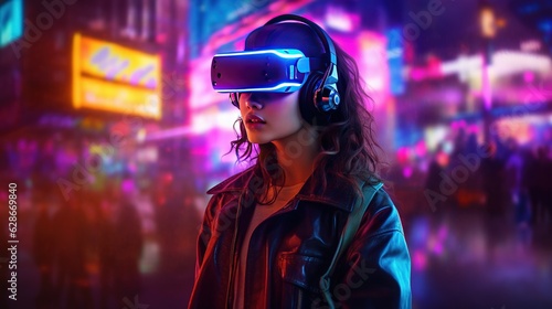 Generative AI, beautiful woman in VR glasses in neon space street, virtual reality headset in cyberspace