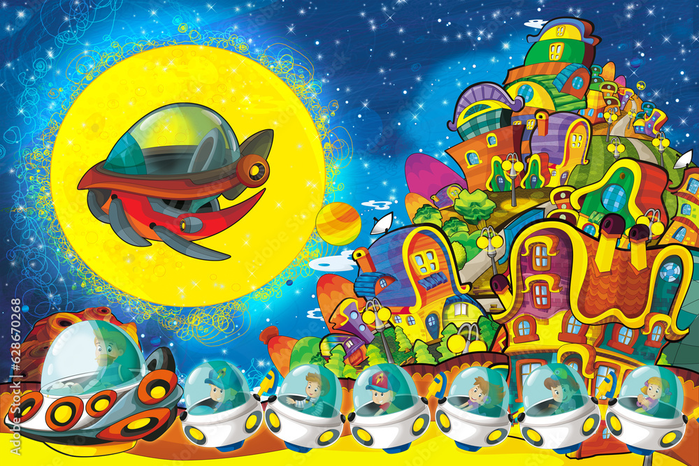 Obraz premium Cartoon funny colorful scene of cosmos galactic alien ufo space craft ship illustration for kids