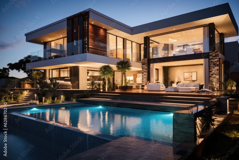The serene and contemporary lavish home display a stunning outer appearance with a pool and a bridge for easy access.