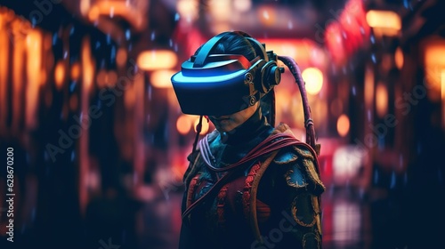 Generative AI, beautiful asian person in samurai suit in VR glasses in neon space street, virtual reality headset in cyberspace