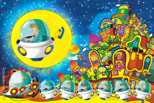 Cartoon funny colorful scene of cosmos galactic alien ufo space craft ship illustration for kids