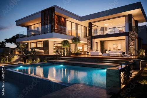 The serene and contemporary lavish home display a stunning outer appearance with a pool and a bridge for easy access. © 2ragon